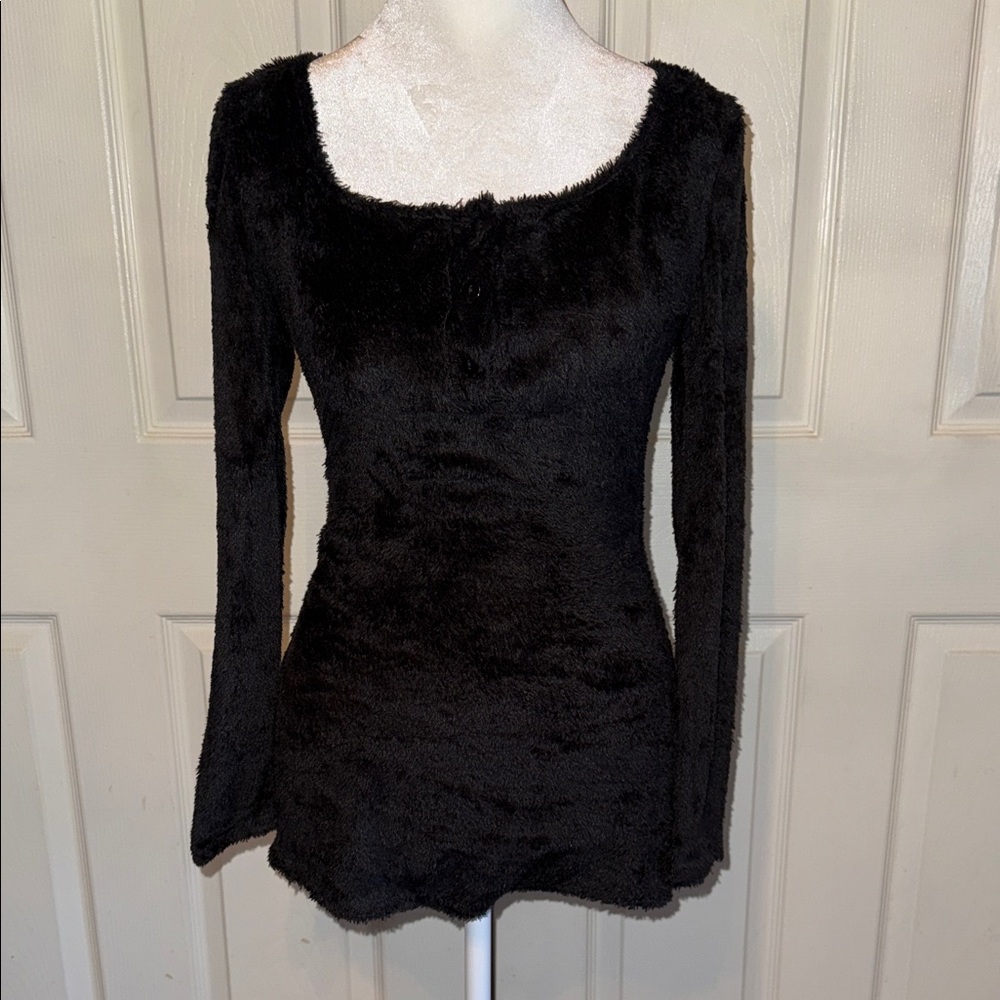 Rivir Black Faux Fur long Sleeve Bodysuit